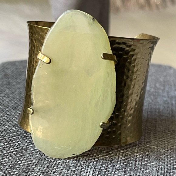 Hammered Brass Cuff Bracelet Adorned with Acrylic Pale Green Stone - Picture 9 of 16